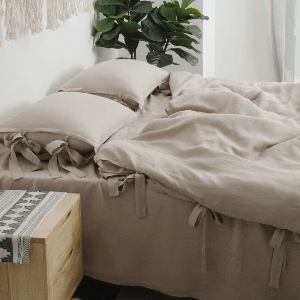 Khaki Bow Tie 100% Organic Linen Duvet Cover Set - Victory Symbol