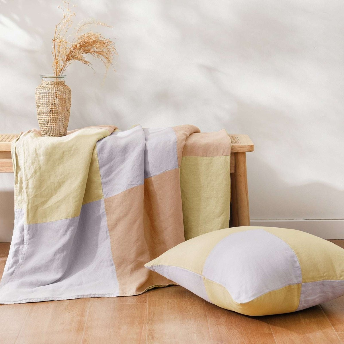 Lemon Yellow Colorblock 100% Organic Linen Plaid Blanket & Throw - Victory Symbol