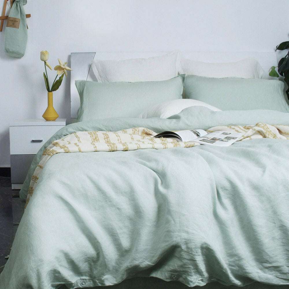 Light Green 100% Organic Linen Duvet Cover Set - Victory Symbol