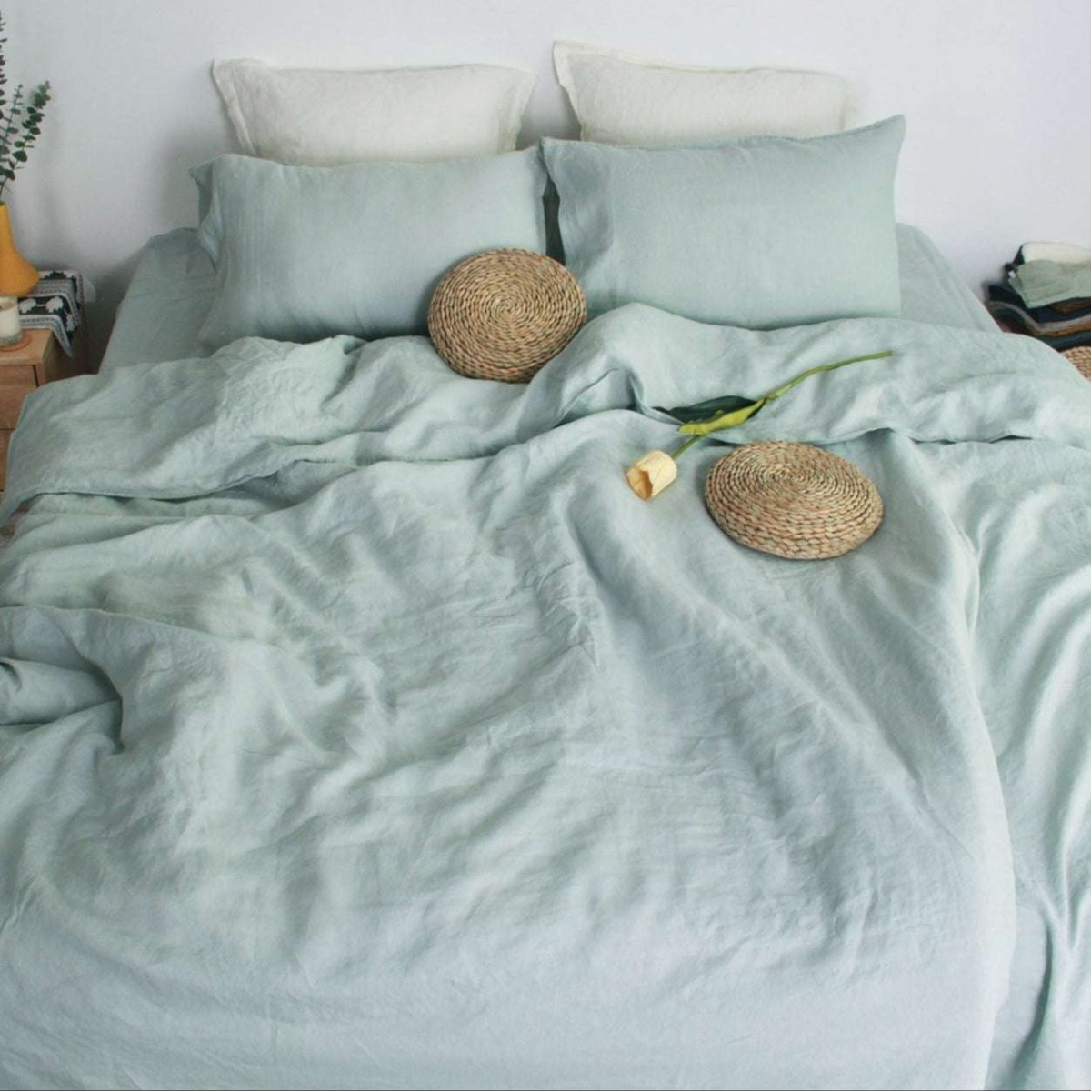 Light Green 100% Organic Linen Duvet Cover Set - Victory Symbol