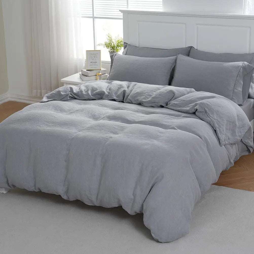 Light Grey 100% Organic Linen Duvet Cover Set