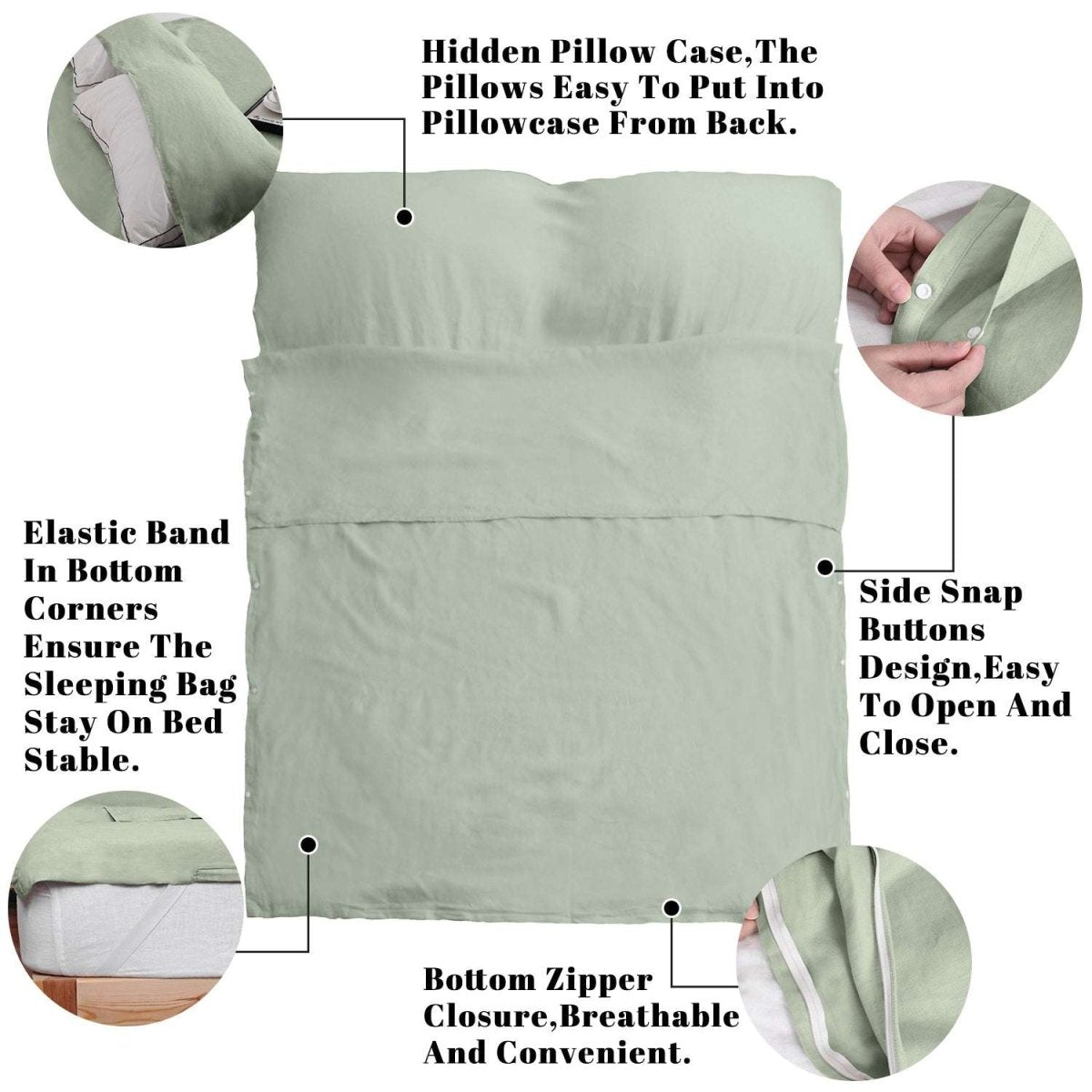 Mint Green 100% Linen Portable Bed Sheet,Sleeping Bag Liner for Hotel and Travel,Sleep Sack Adult - Ultra Lightweight Backpacking with Zipper - Victory Symbol