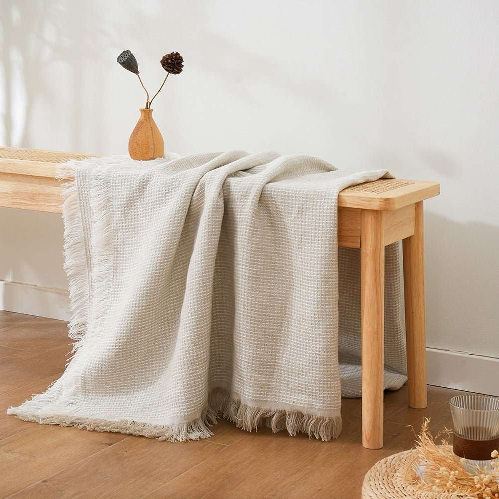 Natural Linen 100% Organic Linen Waffle Plaid Blanket & Throw with Raw Edge - Victory Symbol
