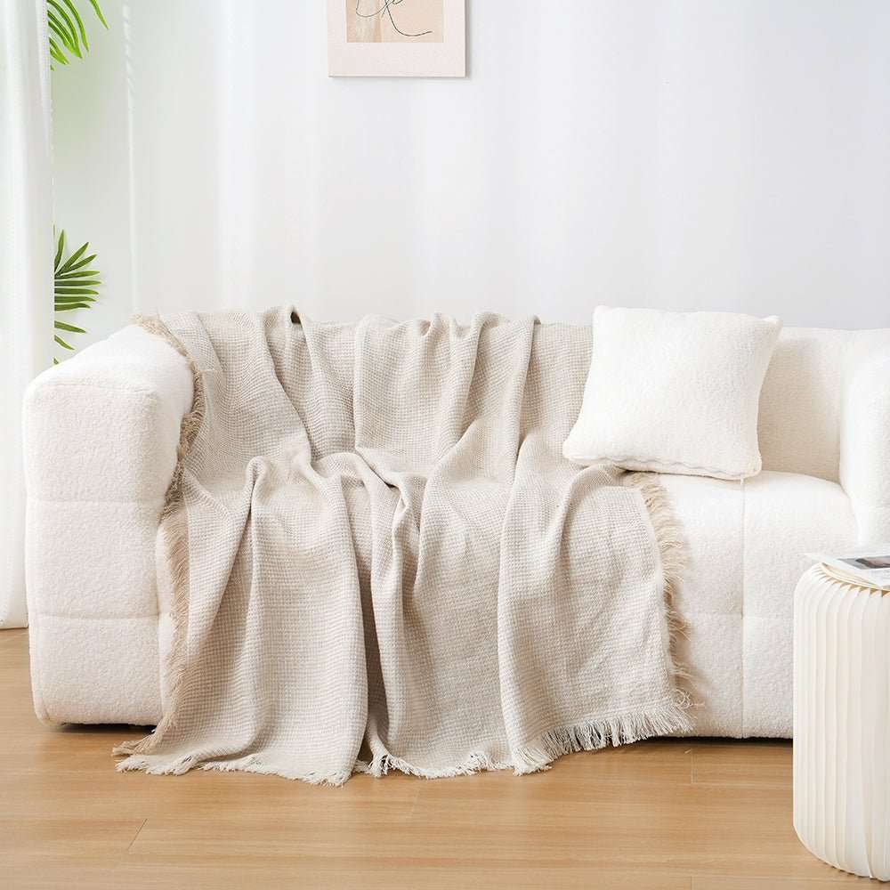 Natural Linen 100% Organic Linen Waffle Plaid Blanket & Throw with Raw Edge - Victory Symbol