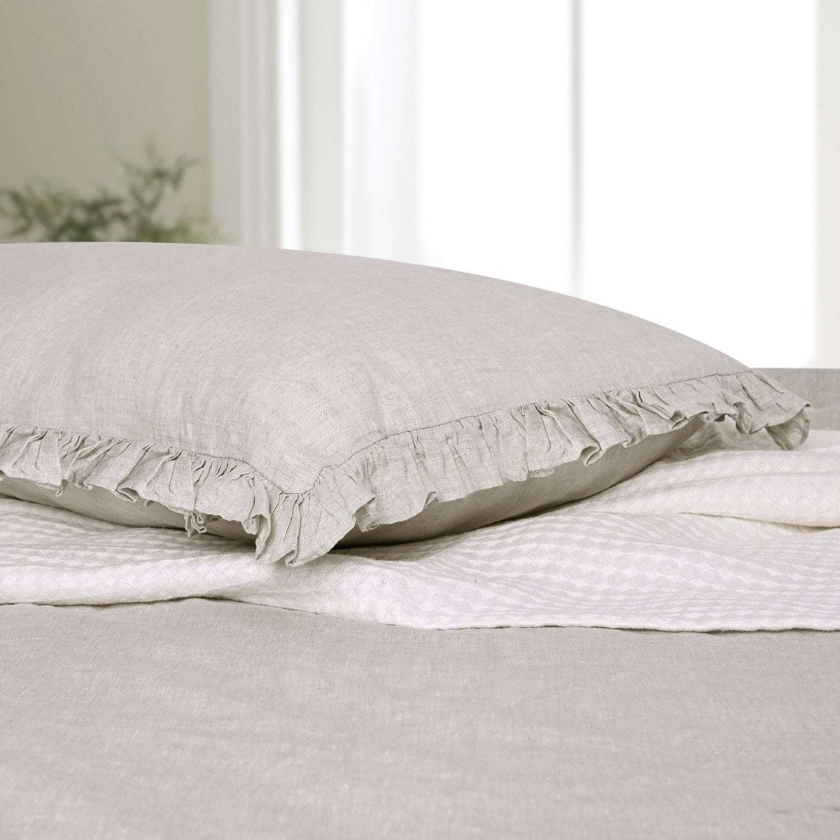 Natural Undyed Linen 100% Organic Linen Body Pillowcase With Ruffles - Victory Symbol