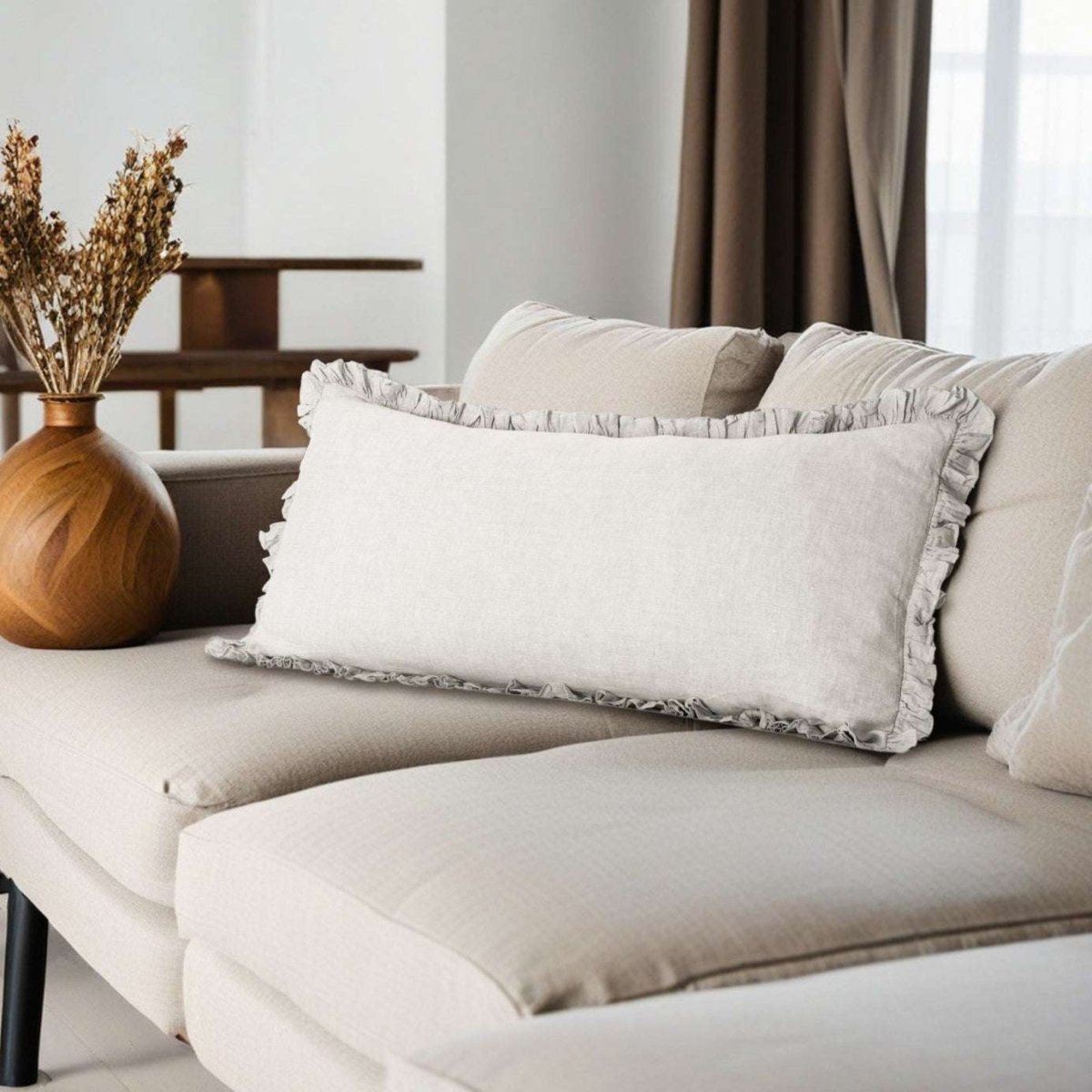 Natural Undyed Linen 100% Organic Linen Body Pillowcase With Ruffles - Victory Symbol