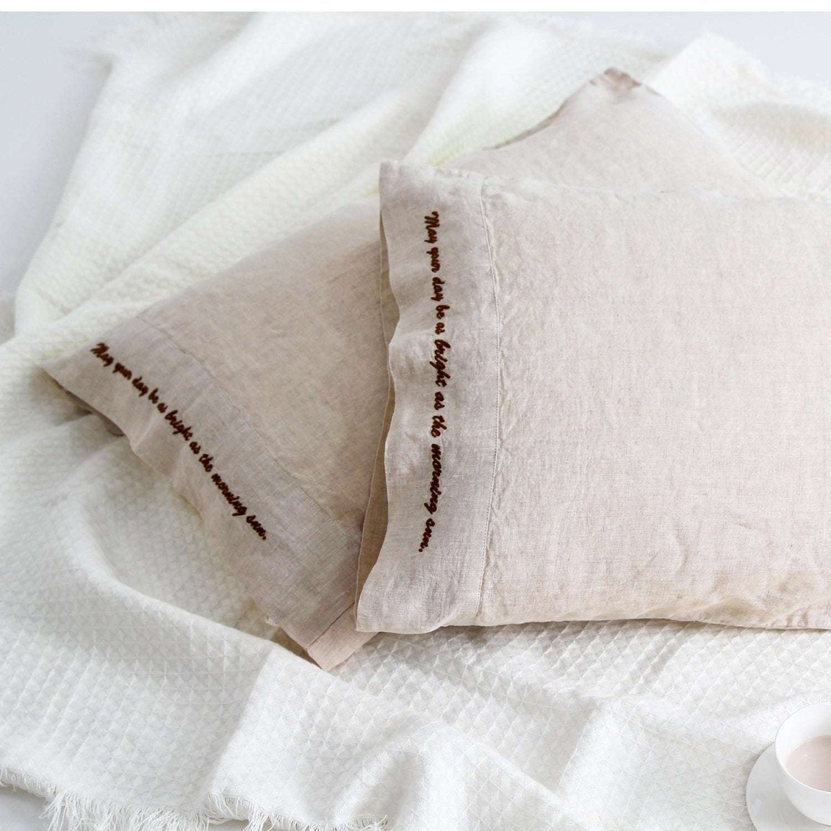 Natural Undyed Linen 100% Organic Linen Embroidered Pillowcases - Victory Symbol