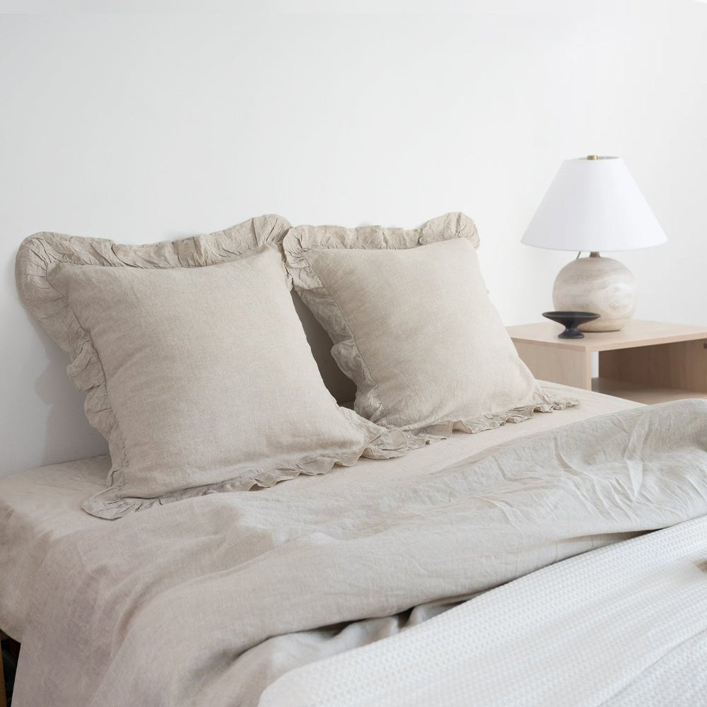 Natural Undyed Linen 100% Organic Linen Euro Pillowcases With Ruffles - Victory Symbol