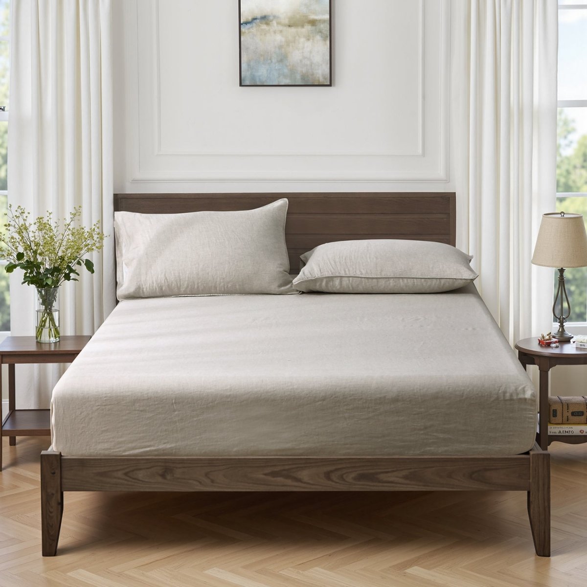 Natural Undyed Linen 100% Organic Linen Fitted Sheet - Victory Symbol