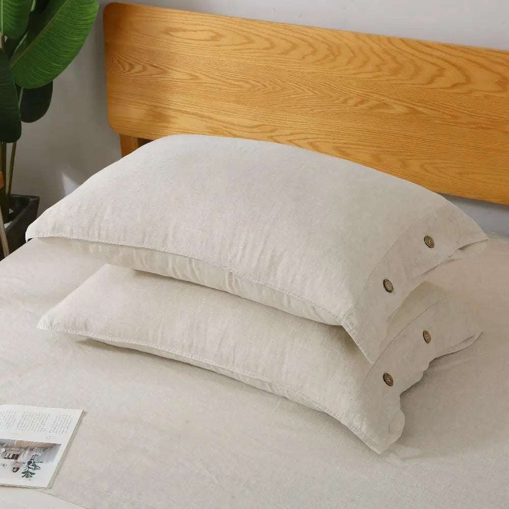 Natural Undyed Linen 100% Organic Linen Pillowcases With Coconut Button Closure - Victory Symbol