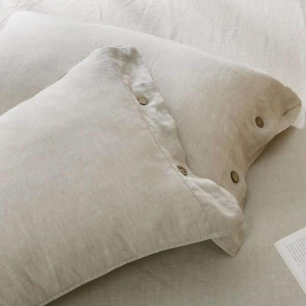 Natural Undyed Linen 100% Organic Linen Pillowcases With Coconut Button Closure - Victory Symbol