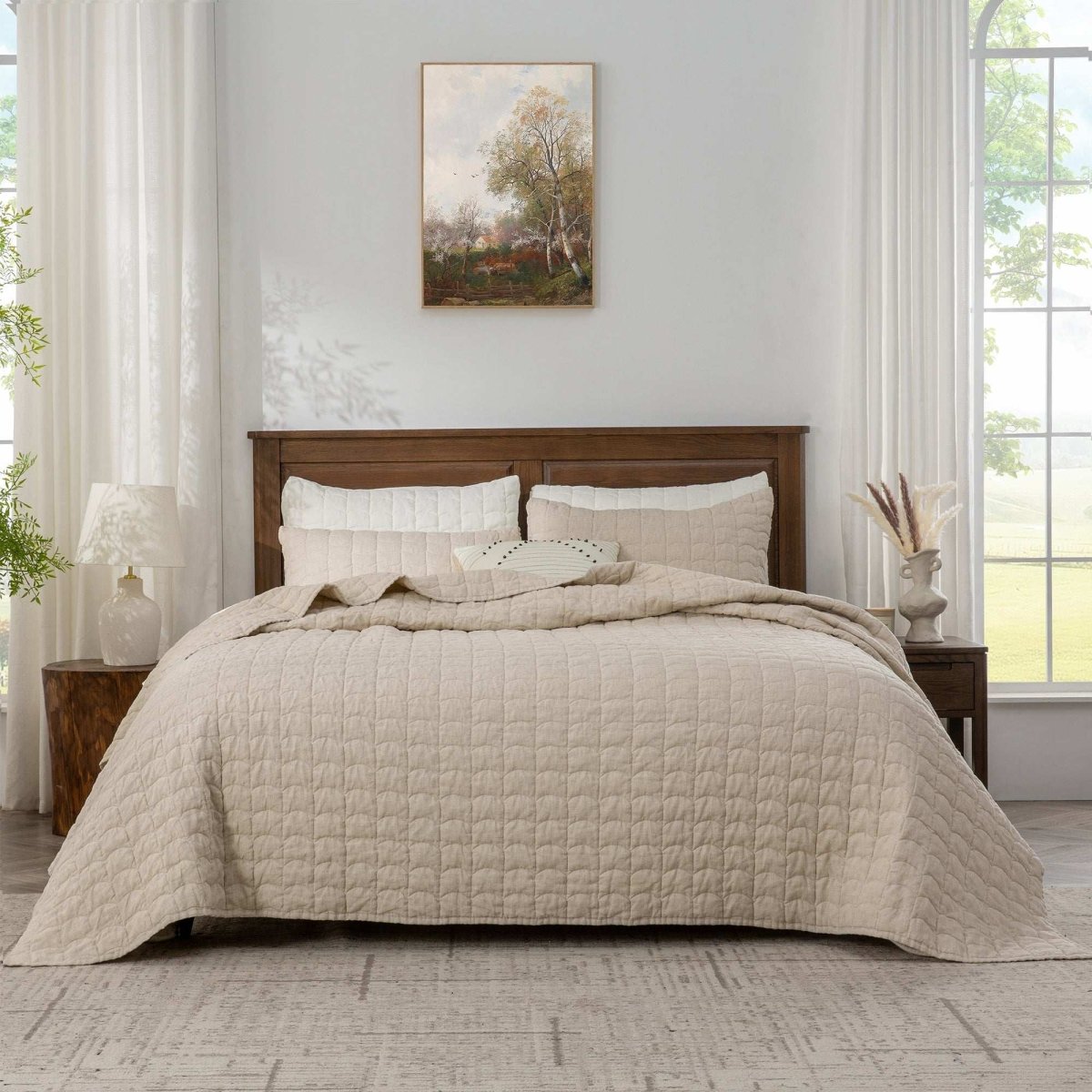 Natural Undyed Linen 100% Organic Linen Quilt Set With Tile Pattern - Victory Symbol