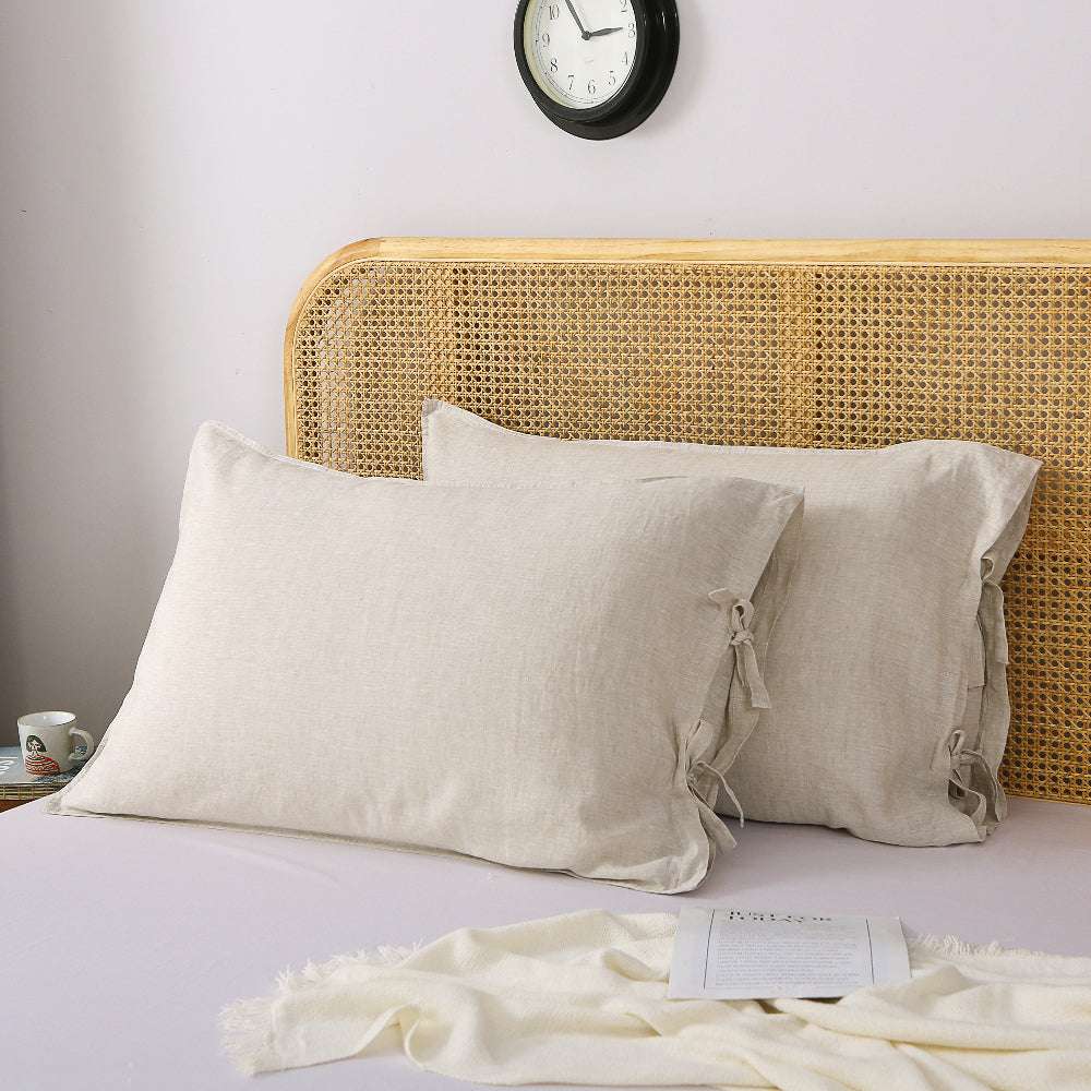 Natural Undyed Linen Ties Bow 100% Organic Linen Pillowcases - Victory Symbol
