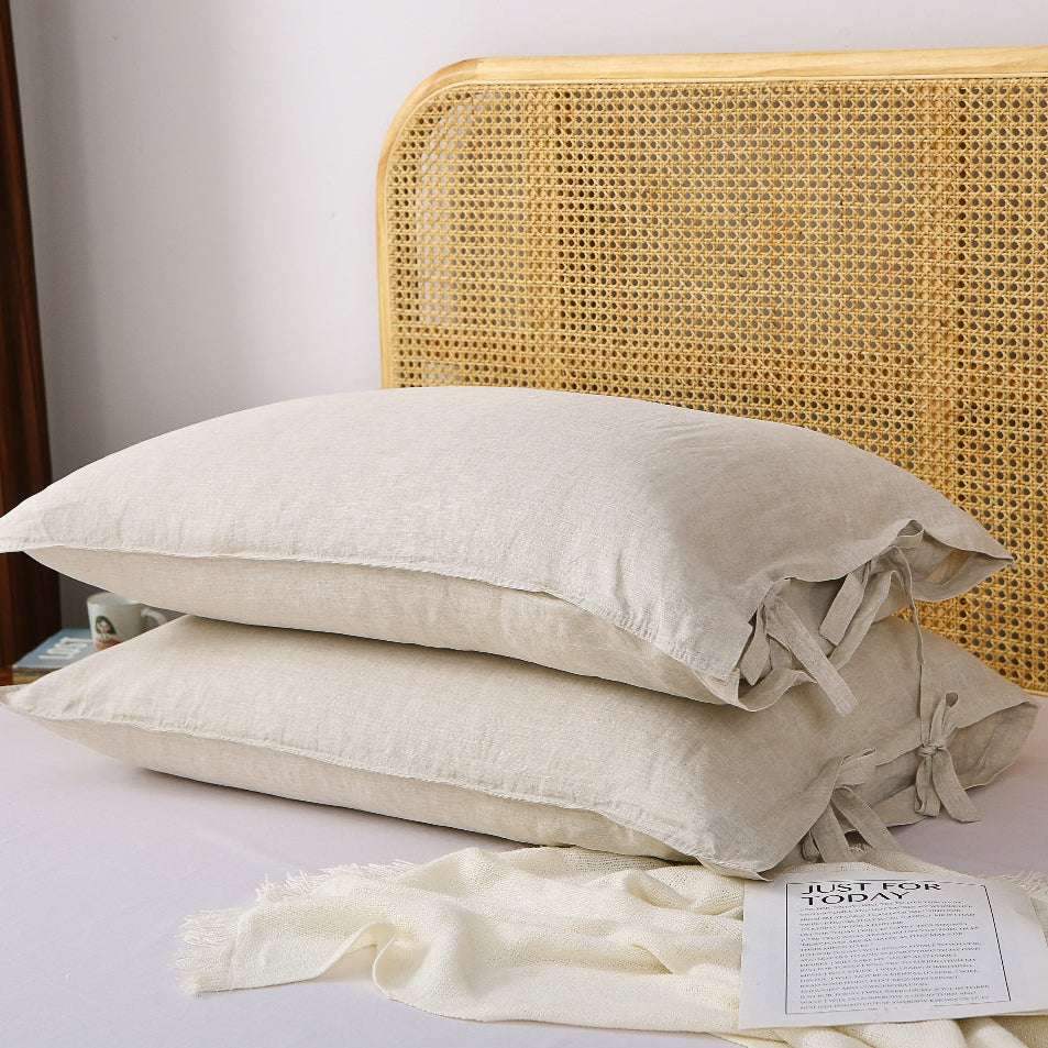 Natural Undyed Linen Ties Bow 100% Organic Linen Pillowcases - Victory Symbol