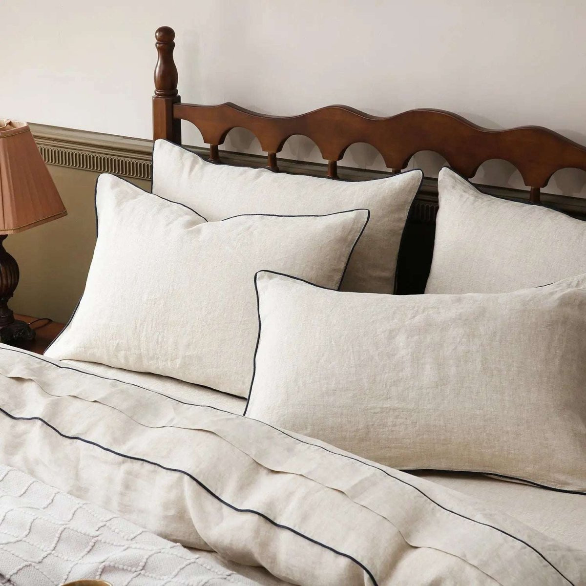 Natural Undyed Linen With Navy Piping 100% Organic Linen Duvet Cover Set - Victory Symbol