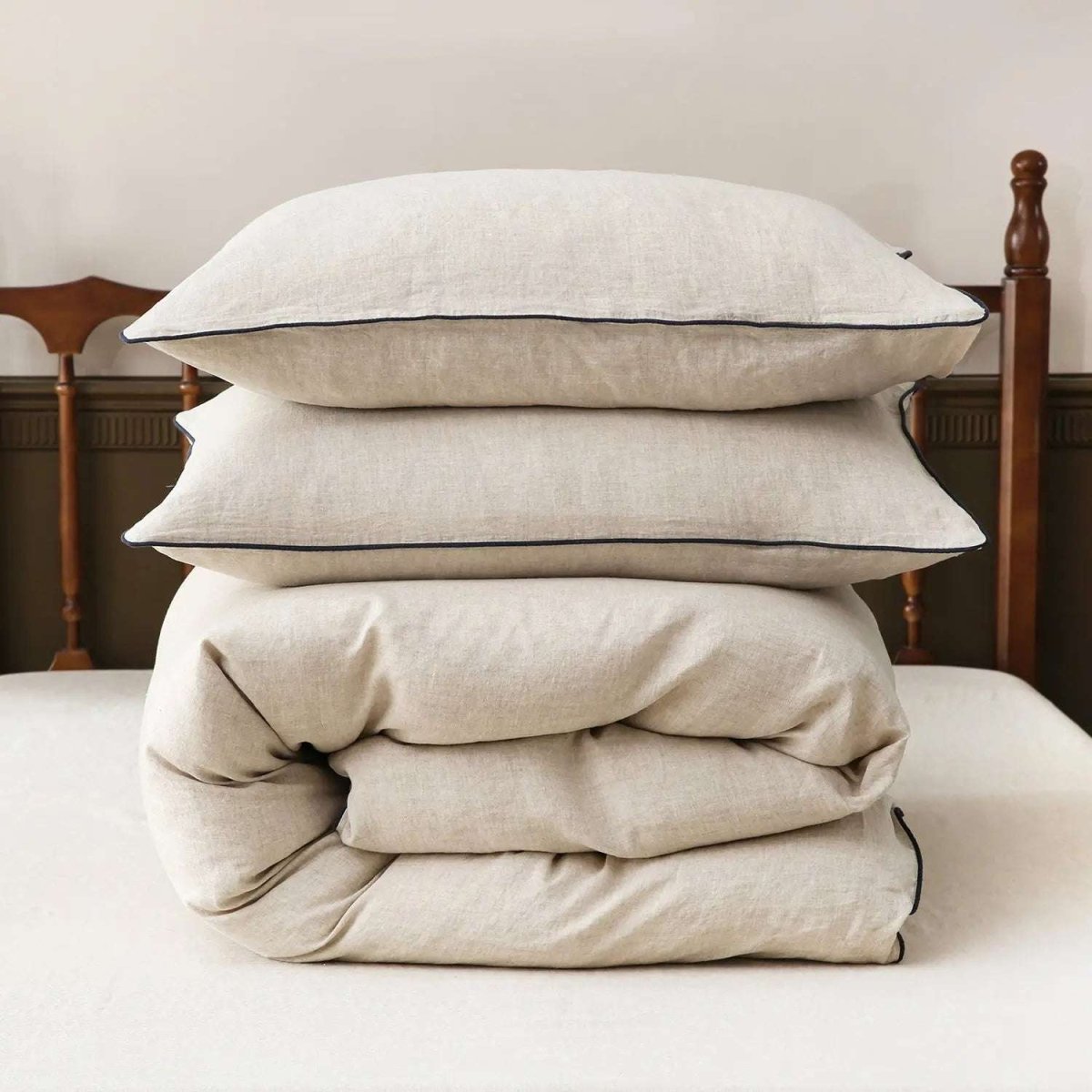 Natural Undyed Linen With Navy Piping 100% Organic Linen Duvet Cover Set - Victory Symbol