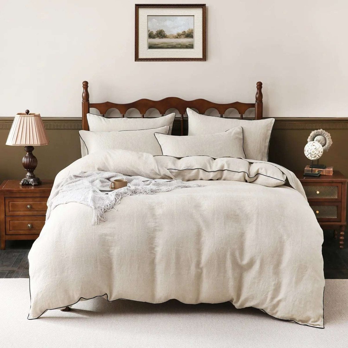 Natural Undyed Linen With Navy Piping 100% Organic Linen Duvet Cover Set - Victory Symbol