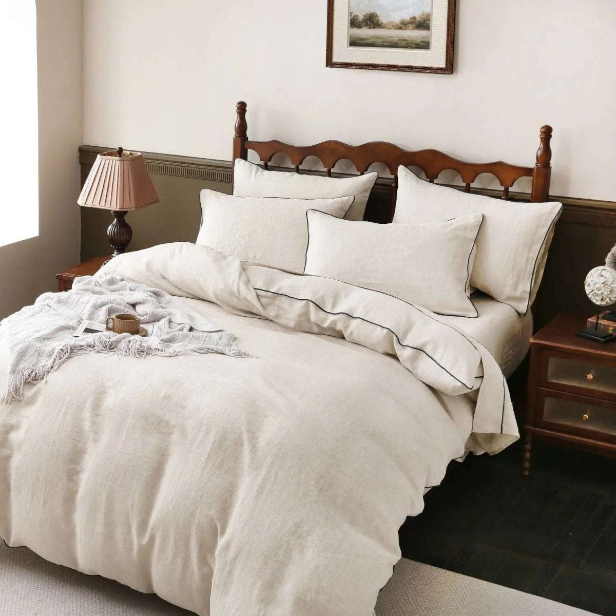 Natural Undyed Linen With Navy Piping 100% Organic Linen Duvet Cover Set - Victory Symbol