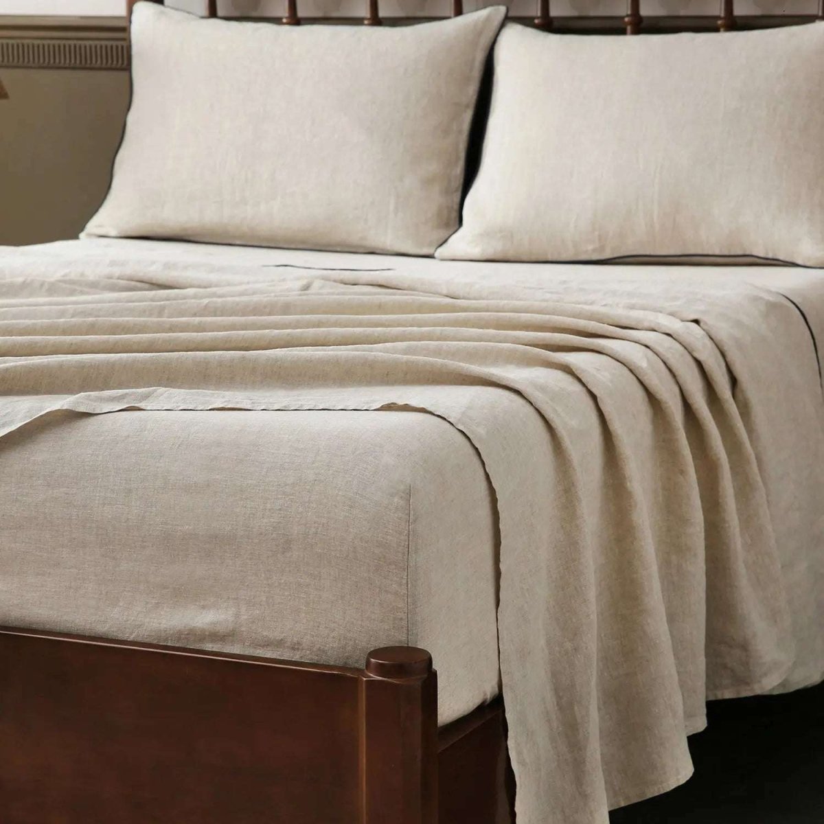 Natural Undyed Linen With Navy Piping 100% Organic Linen Sheets Set - Victory Symbol