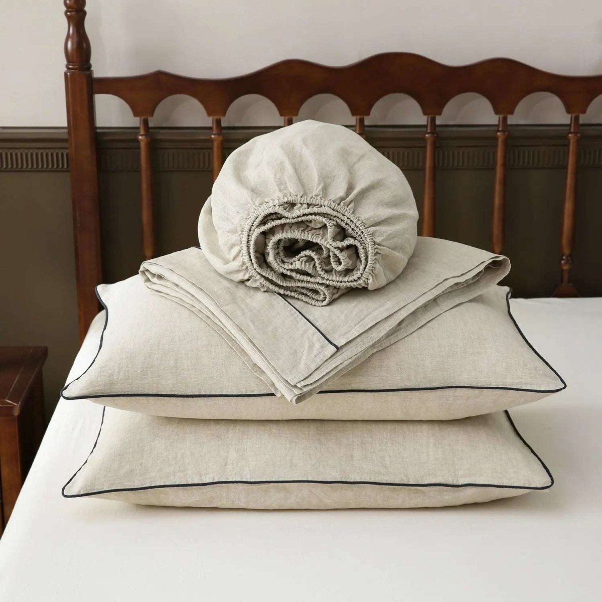 Natural Undyed Linen With Navy Piping 100% Organic Linen Sheets Set - Victory Symbol