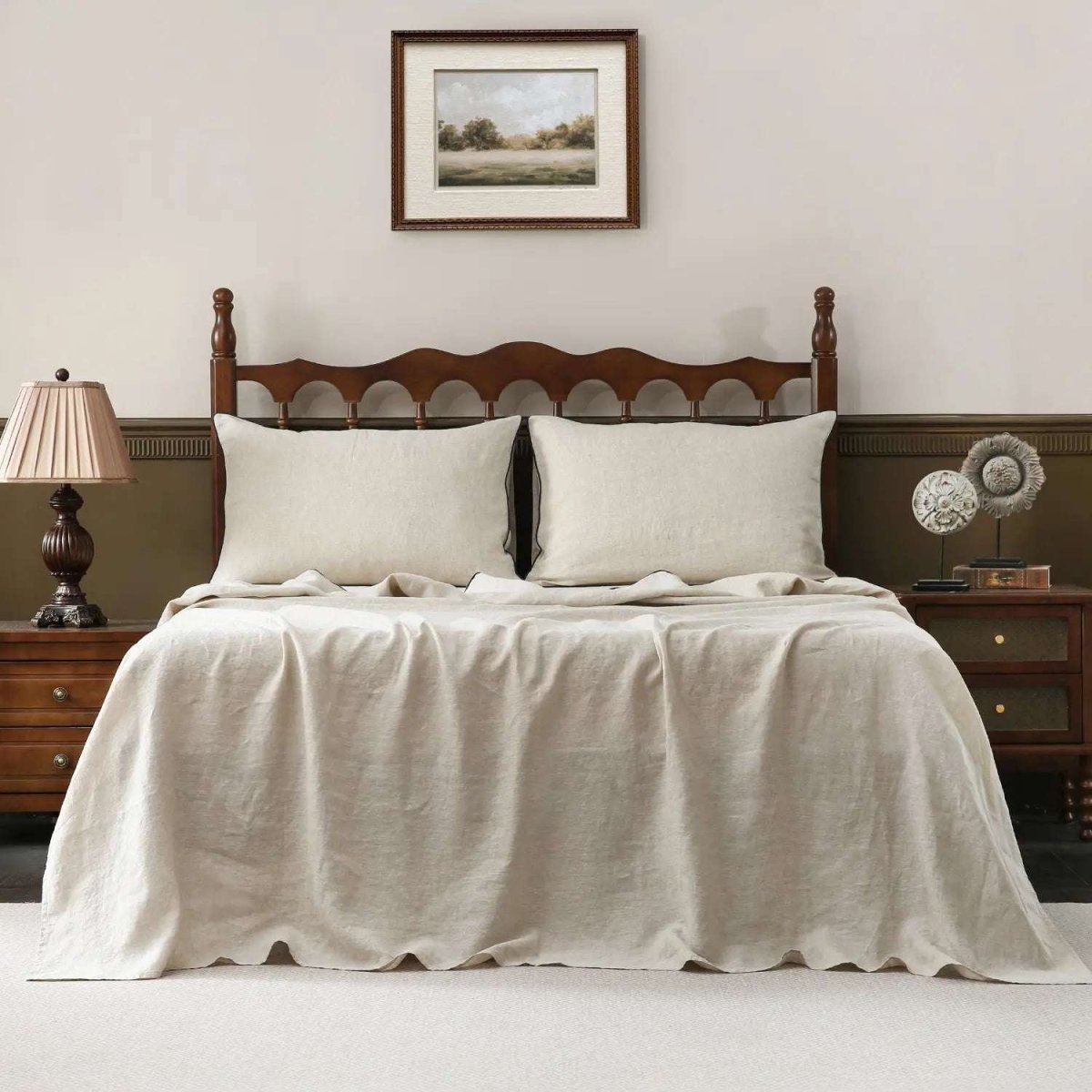 Natural Undyed Linen With Navy Piping 100% Organic Linen Sheets Set - Victory Symbol