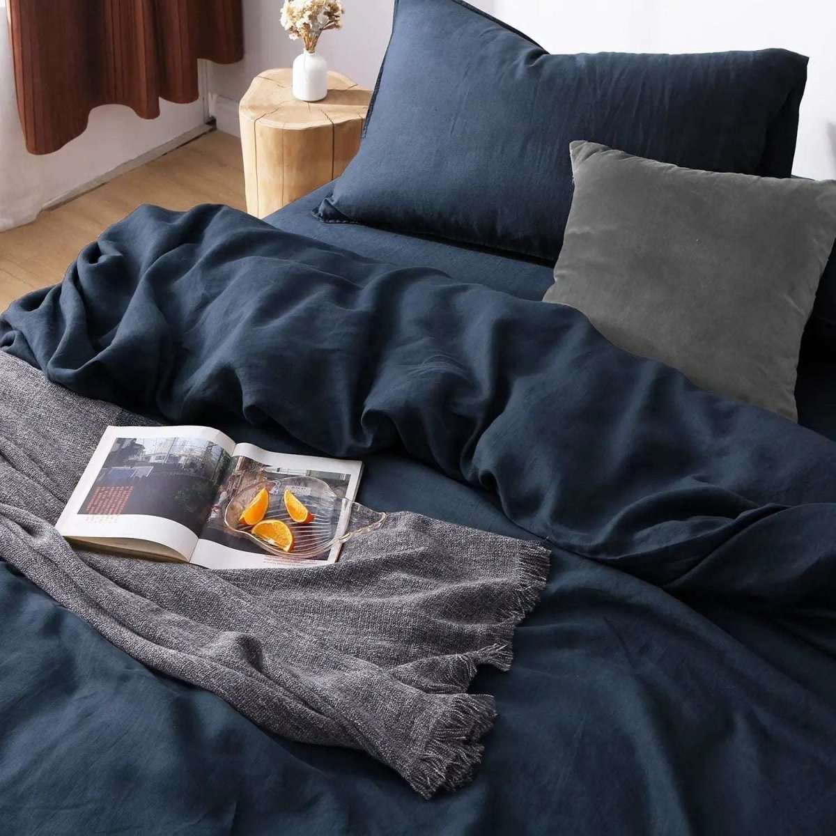 Navy 100% Organic Linen Duvet Cover (Only 1 Piece) - Victory Symbol