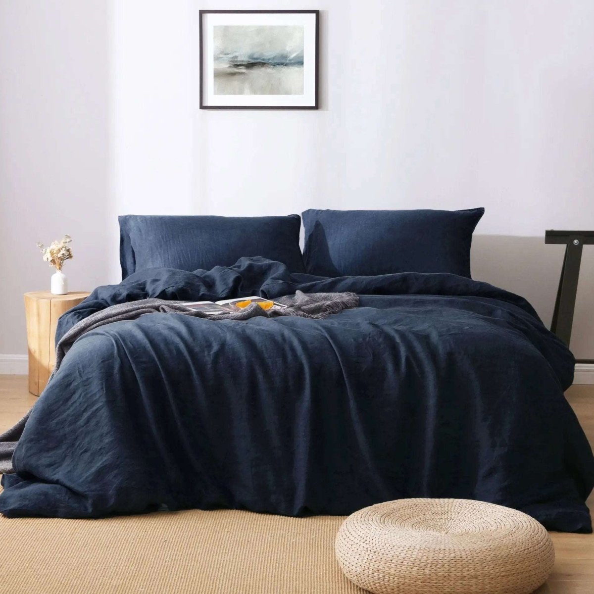 Navy 100% Organic Linen Duvet Cover (Only 1 Piece) - Victory Symbol