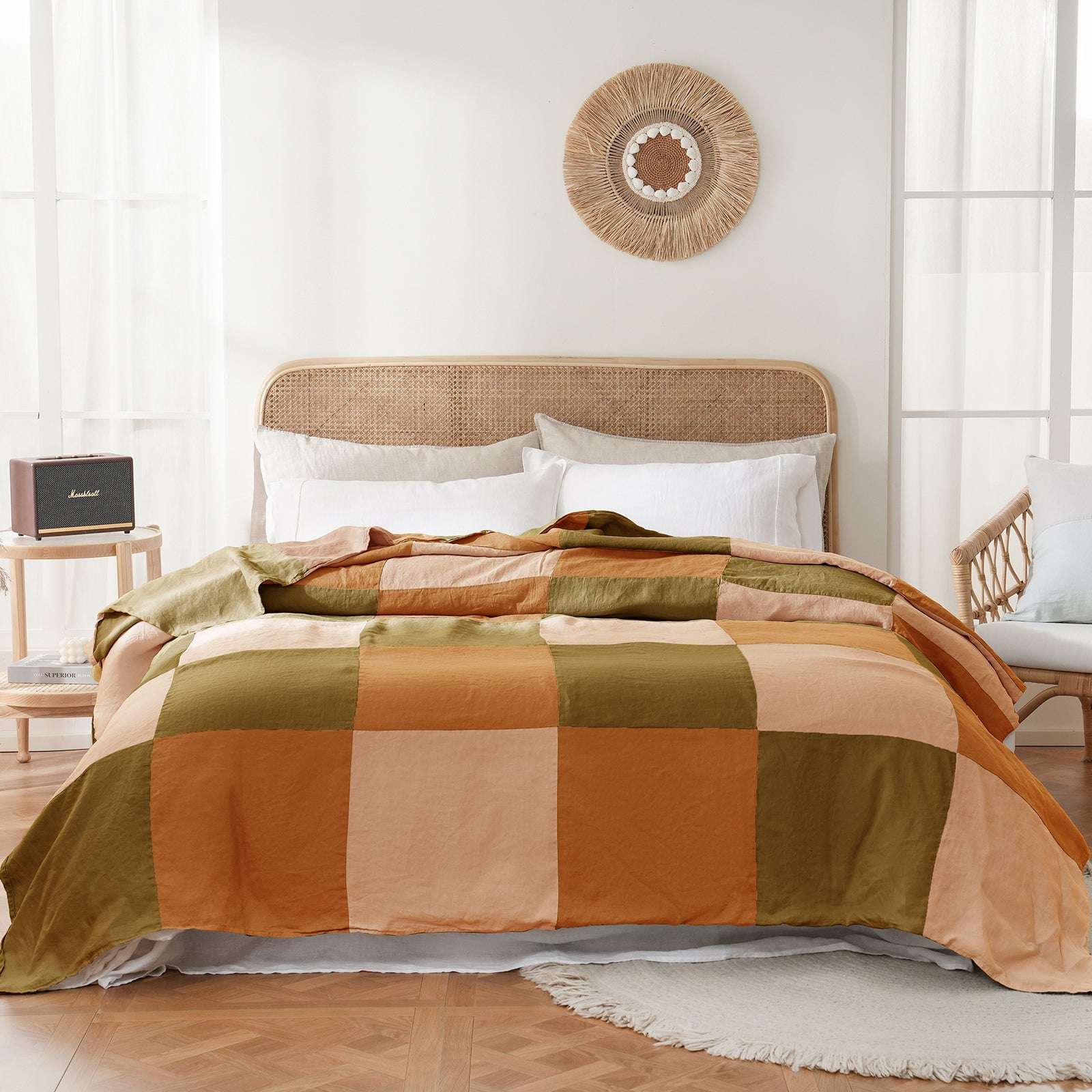 Olive Green Colorblock 100% Organic Linen Plaid Blanket & Throw - Victory Symbol