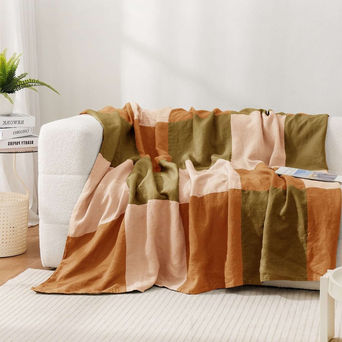 Olive Green Colorblock 100% Organic Linen Plaid Blanket & Throw - Victory Symbol