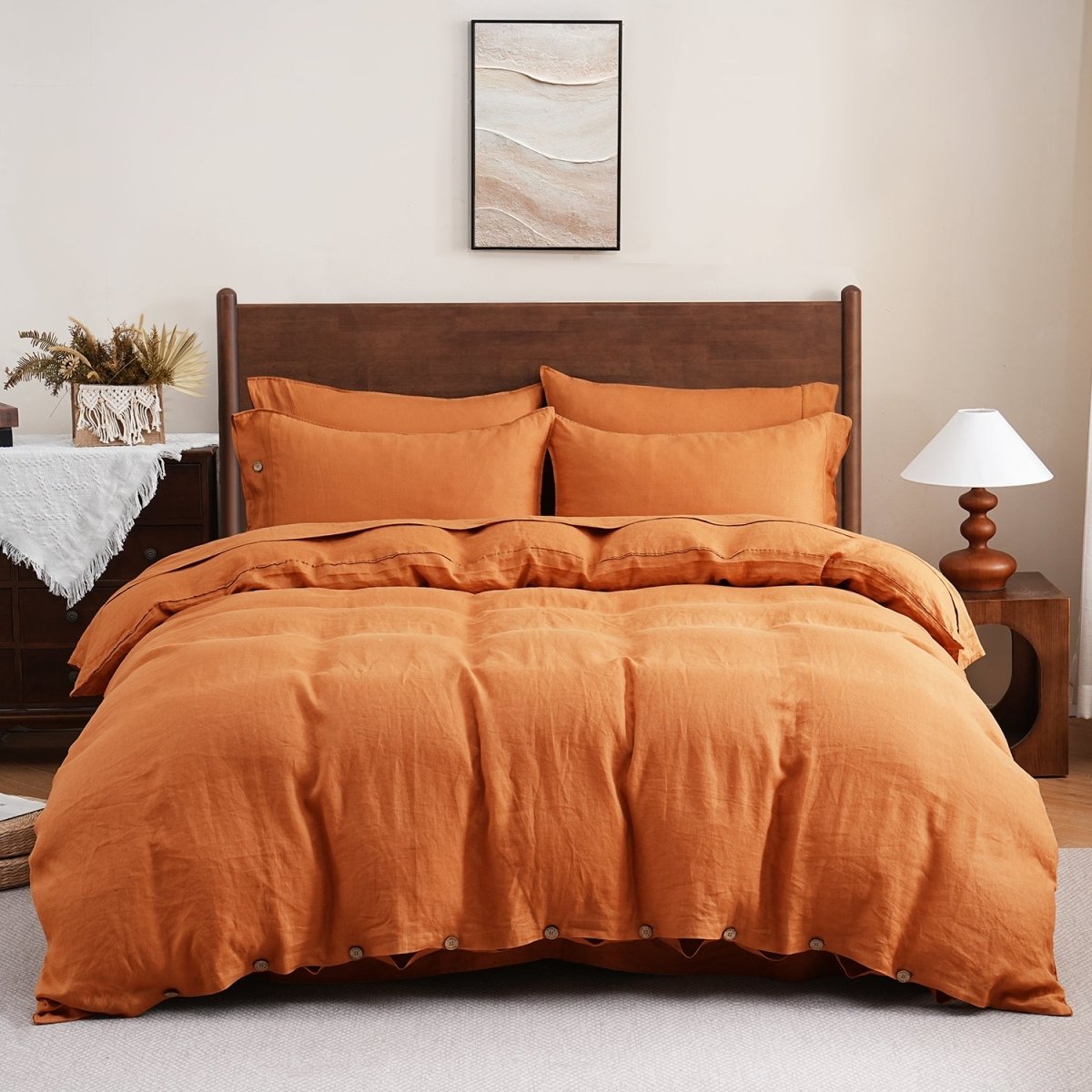 Orange Ochre 100% Organic Linen Duvet Cover Set With Coconut Button Closure - Victory Symbol