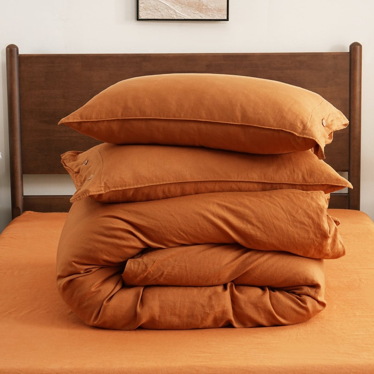 Orange Ochre 100% Organic Linen Duvet Cover Set With Coconut Button Closure - Victory Symbol