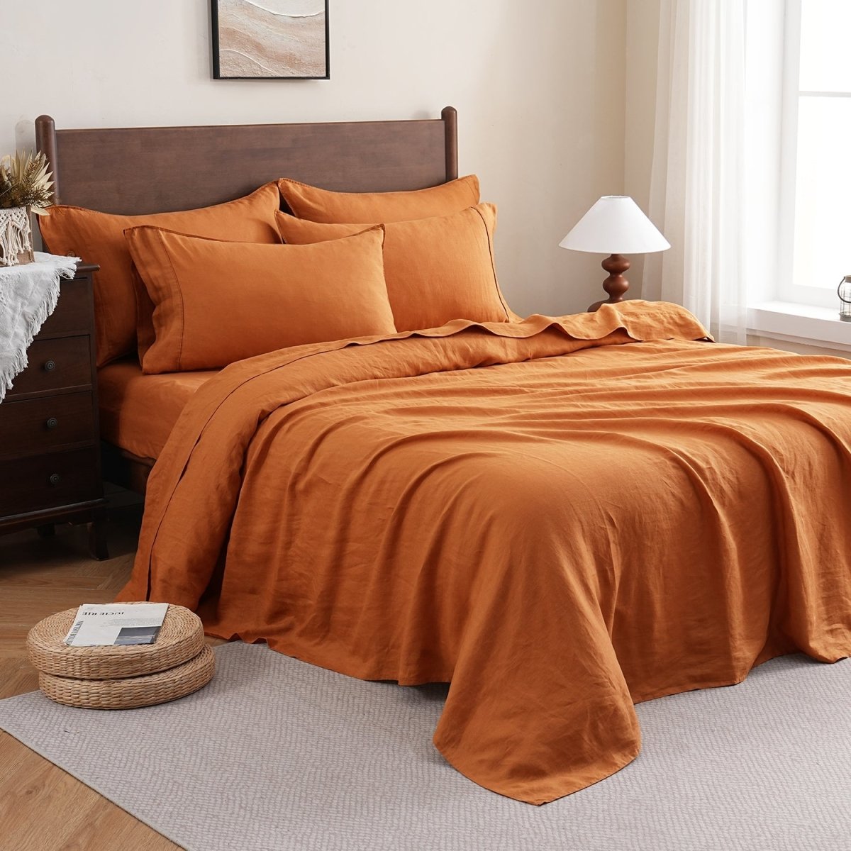 Orange Ochre 100% Organic Linen Sheets Set - Victory Symbol