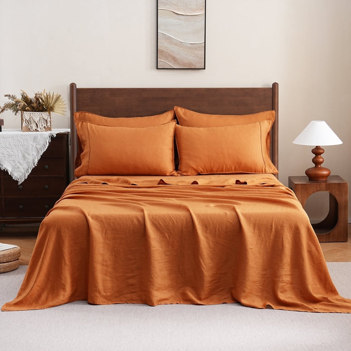Orange Ochre 100% Organic Linen Sheets Set - Victory Symbol
