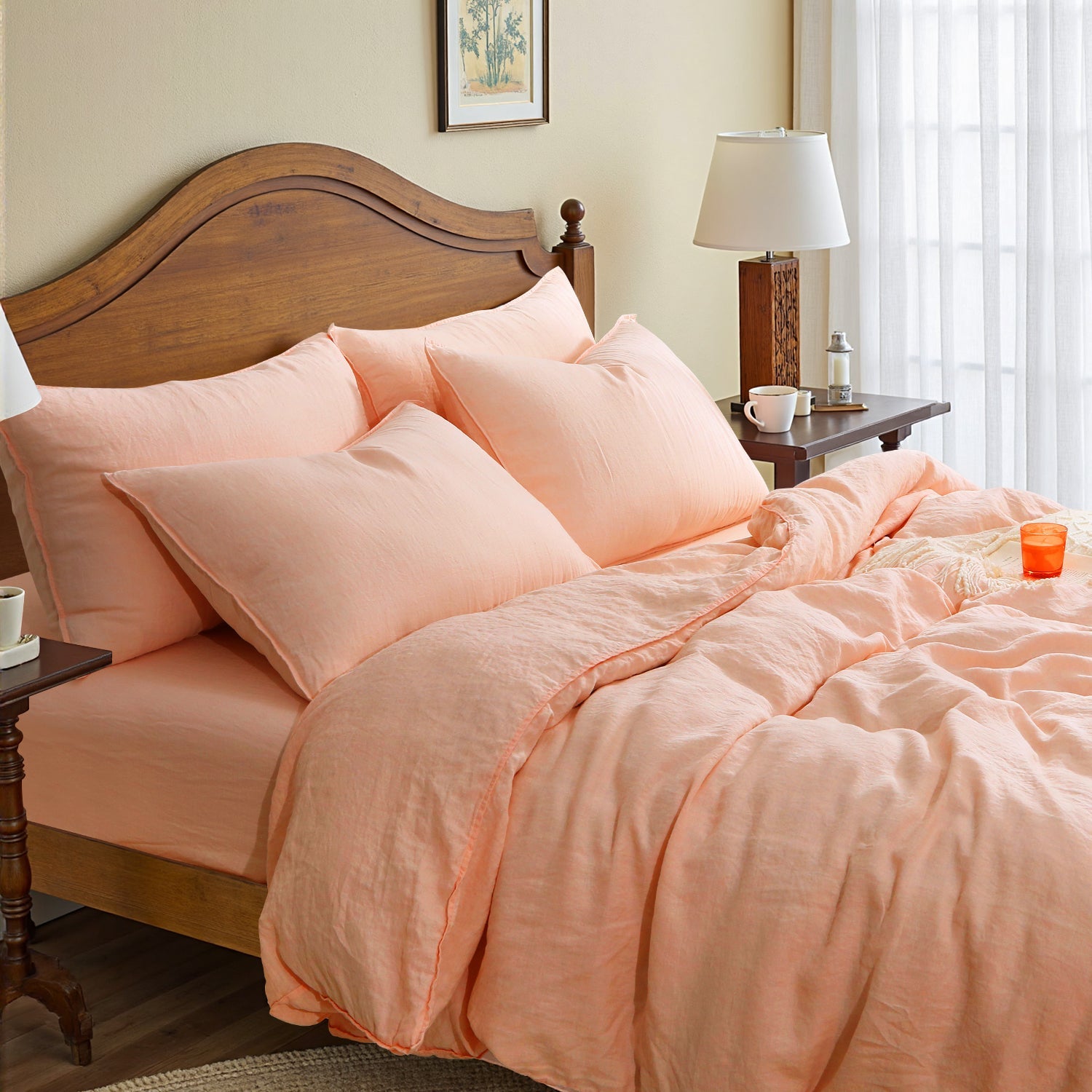 Peach Pink 100% Organic Linen Duvet Cover Set-Victory Symbol