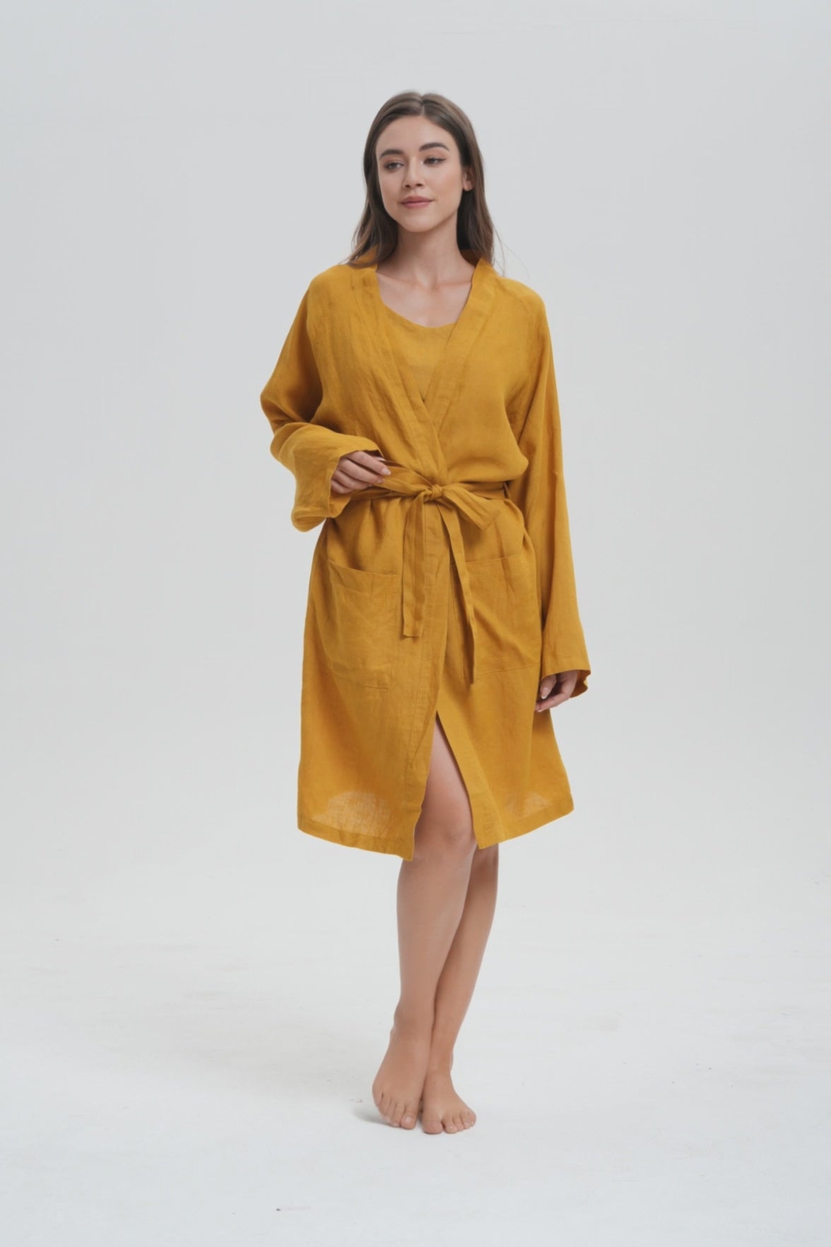 Ginger Yellow 100% Organic Linen Women's V-Neck Robes-victory symbol
