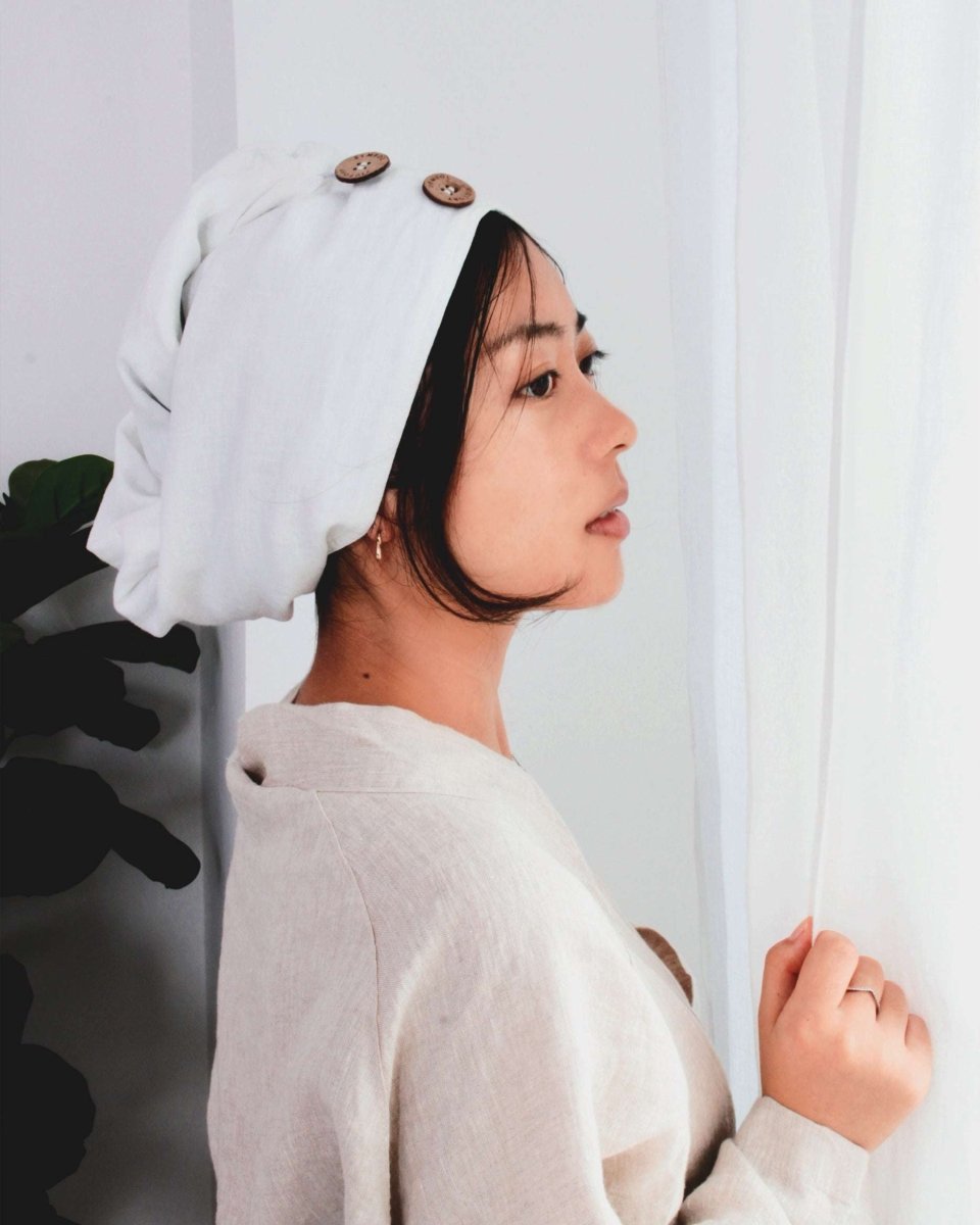 Pure White 100% Organic French Linen 2 - Pack Hair Towel Wrap - Victory Symbol