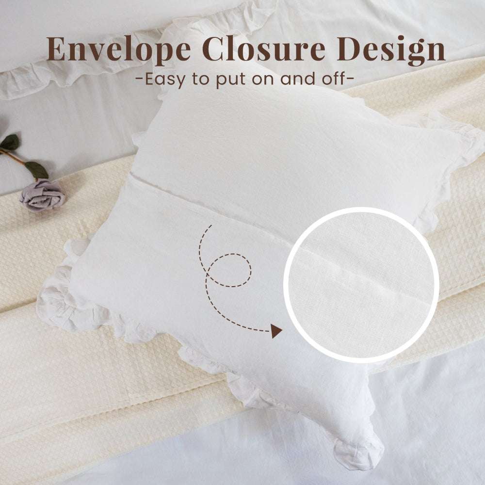 Pure White 100% Organic Linen Euro Pillowcases With Ruffles - Victory Symbol