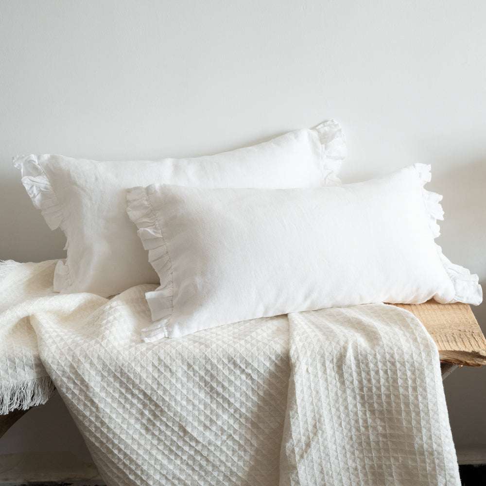 Pure White 100% Organic Linen Lumbar Pillowcases With Ruffles - Victory Symbol