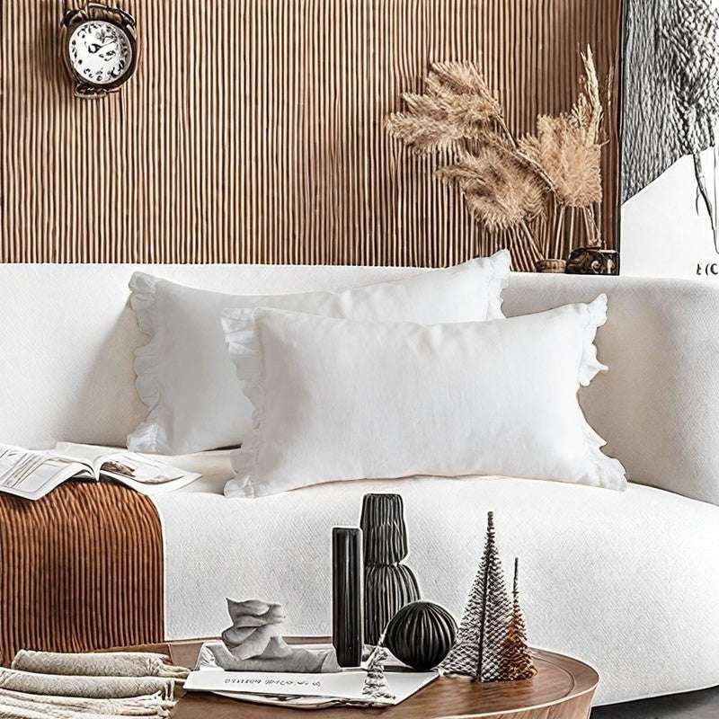 Pure White 100% Organic Linen Lumbar Pillowcases With Ruffles - Victory Symbol