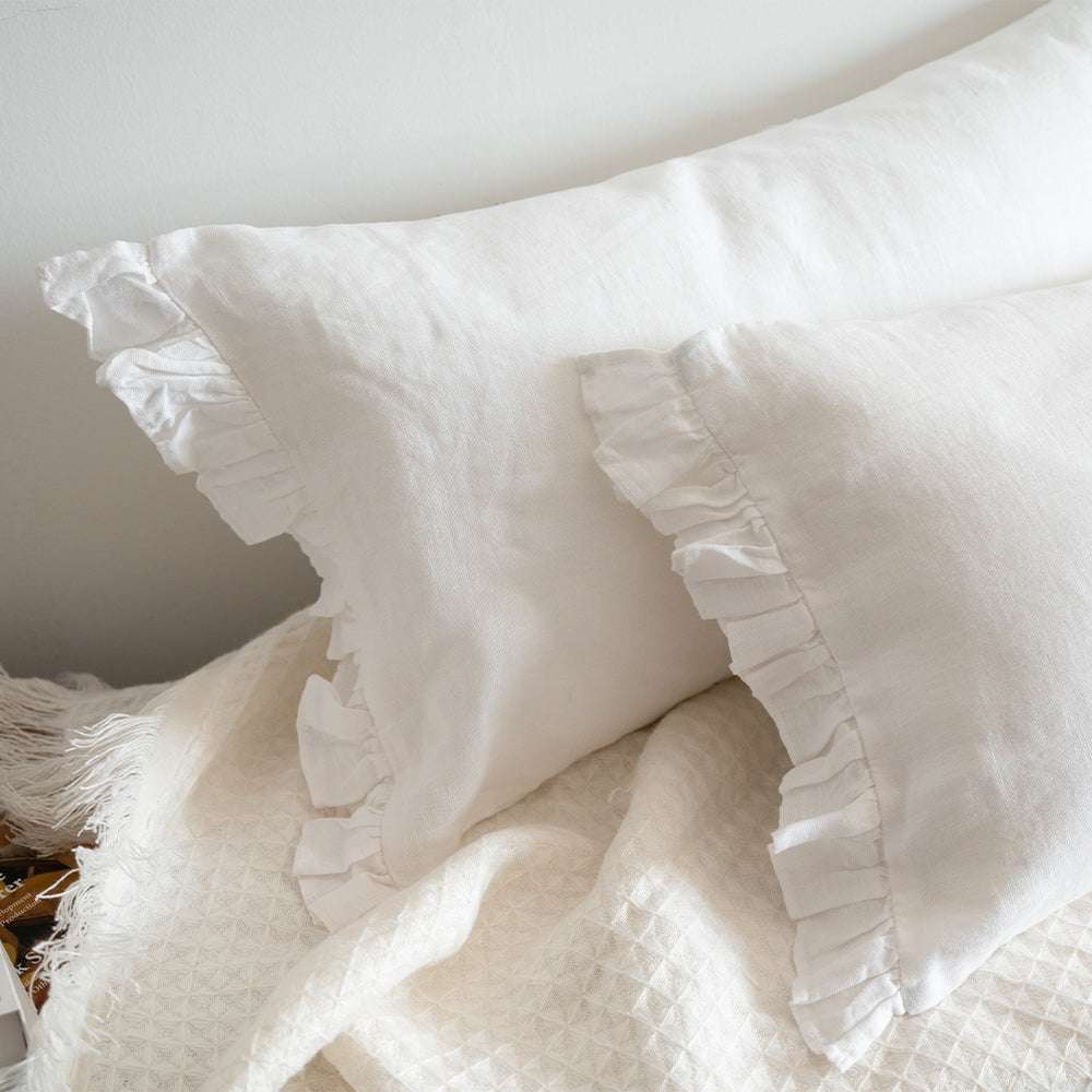 Pure White 100% Organic Linen Lumbar Pillowcases With Ruffles - Victory Symbol