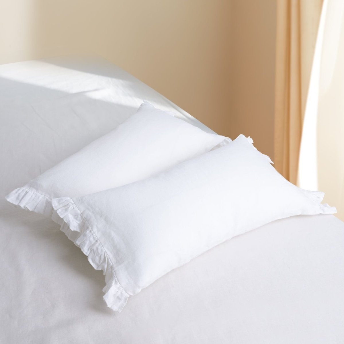 Pure White 100% Organic Linen Lumbar Pillowcases With Ruffles - Victory Symbol