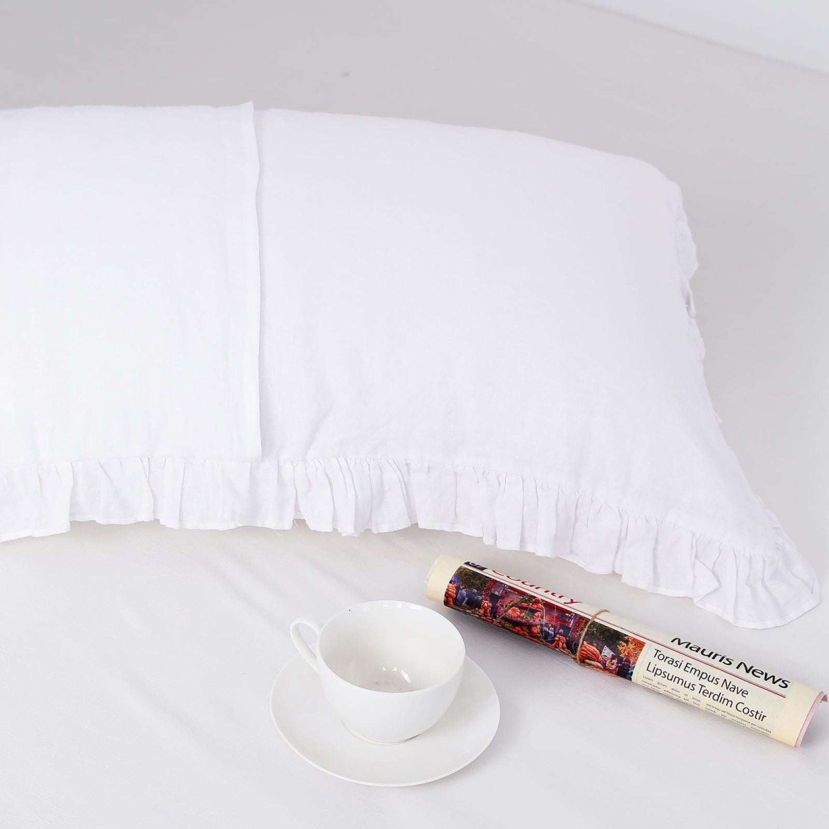 Pure White 100% Organic Linen Pillowcases with Ruffles - Victory Symbol