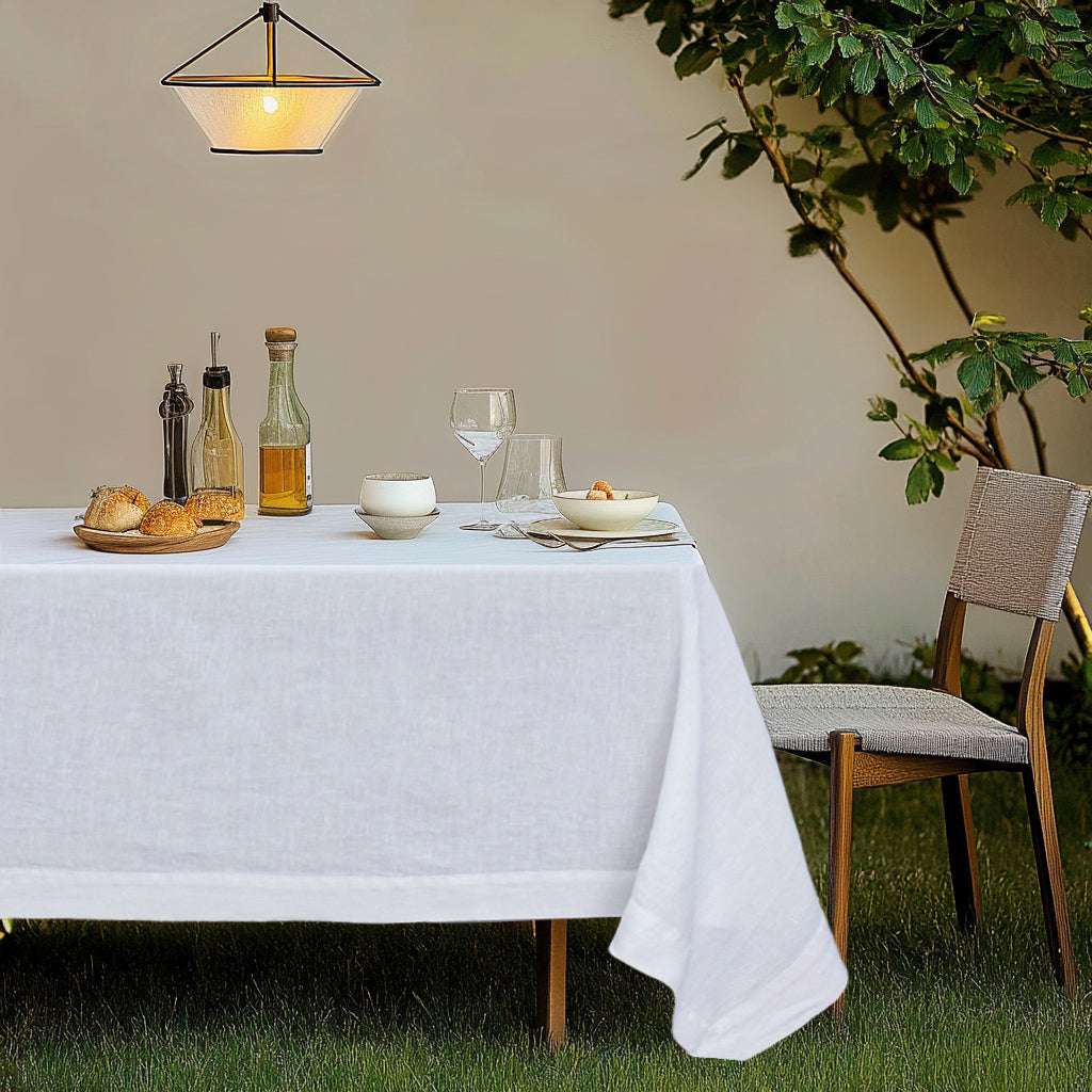Pure White 100% Organic Linen Tablecloth - Victory Symbol