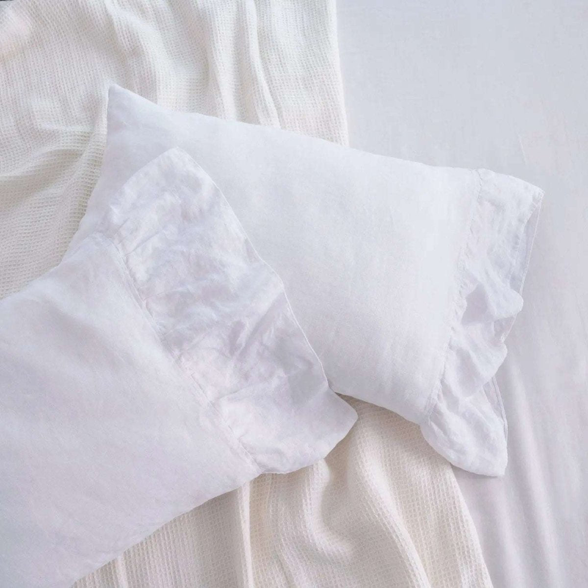 Pure White Fishtail Ruffle 100% Organic Linen Pillowcases - Victory Symbol