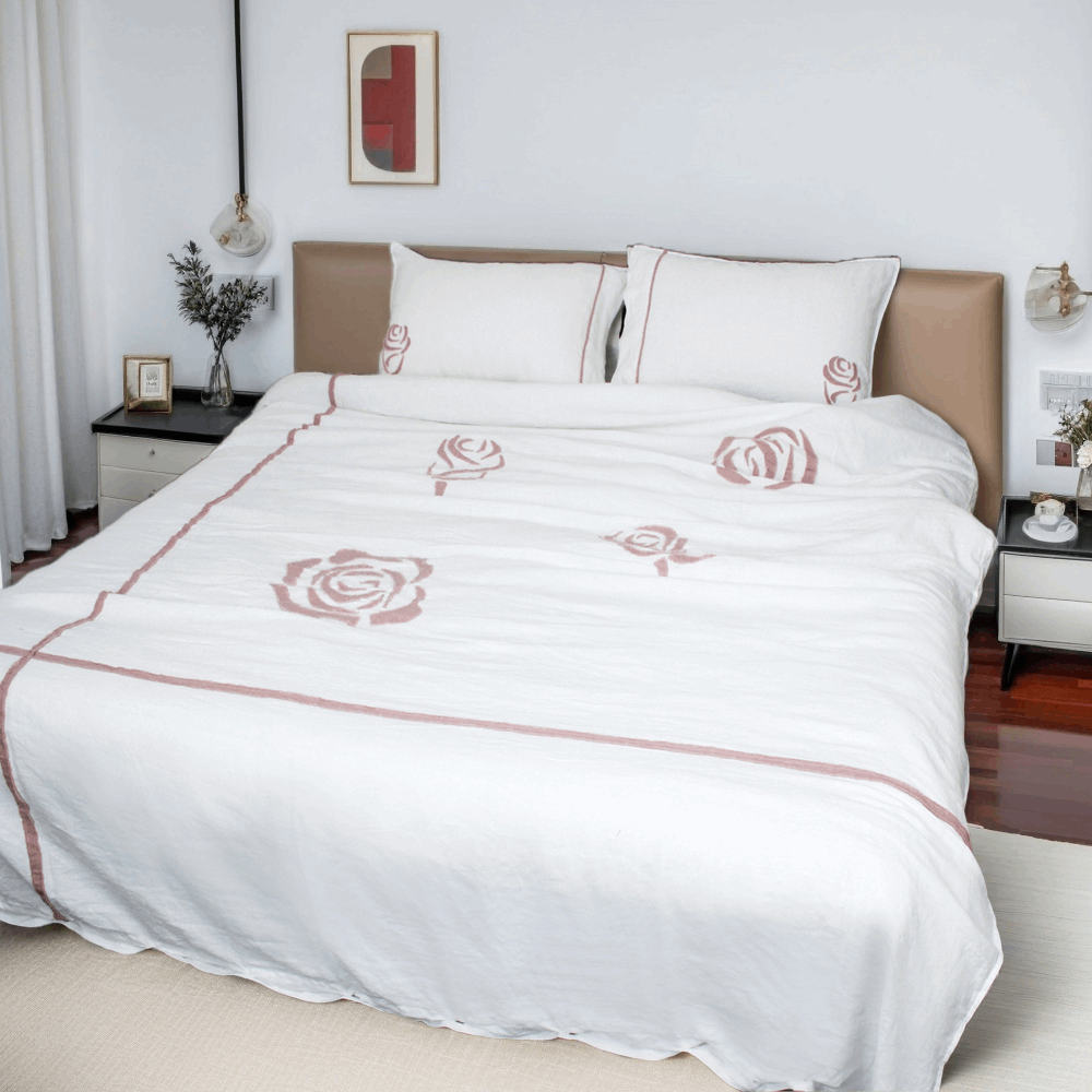 Rose Applique Embroidery 100% Organic Linen Duvet Cover Set - Victory Symbol
