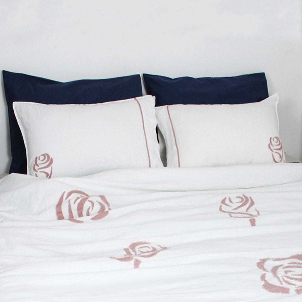 Rose Applique Embroidery 100% Organic Linen Pillowcases - Victory Symbol