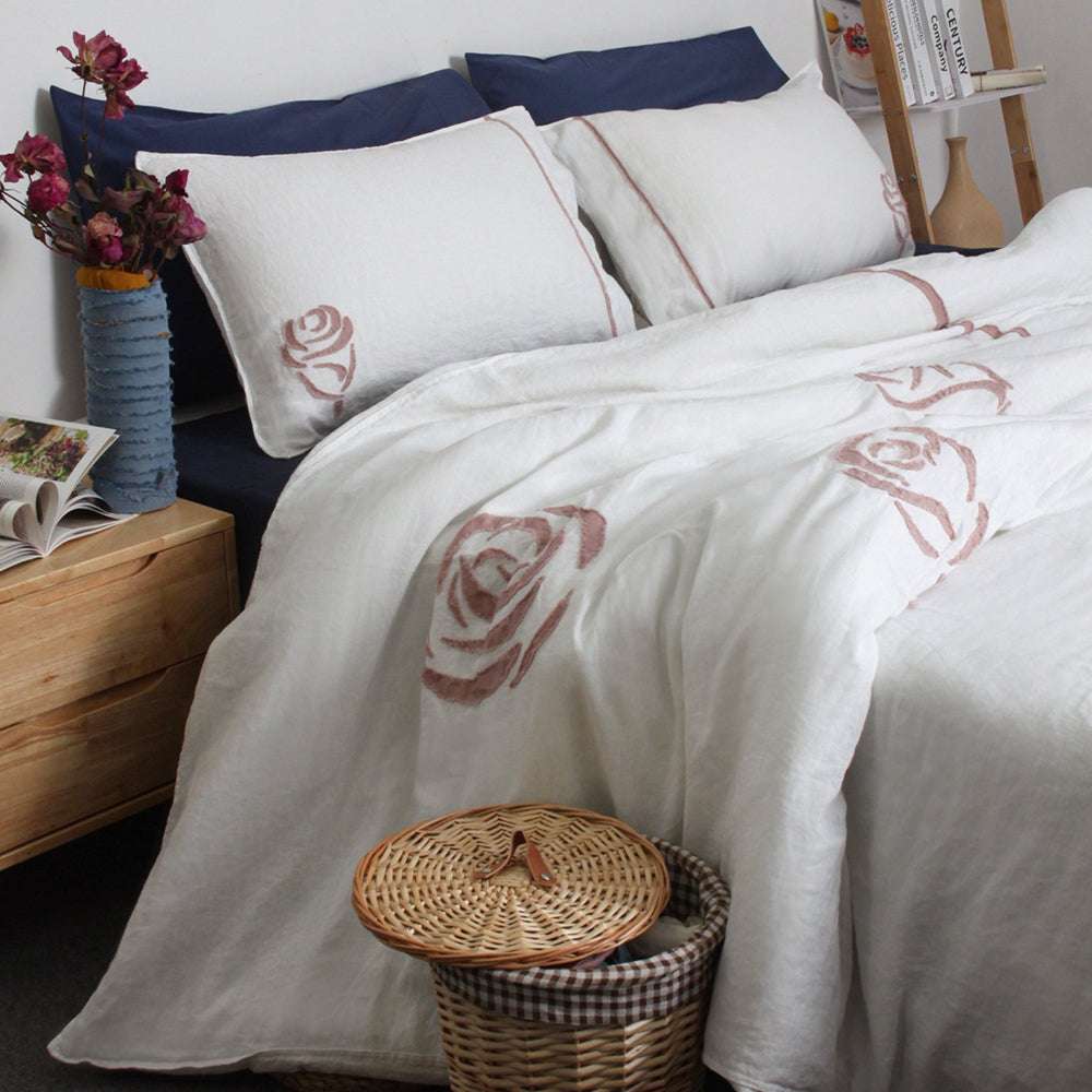 Rose Applique Embroidery 100% Organic Linen Pillowcases - Victory Symbol