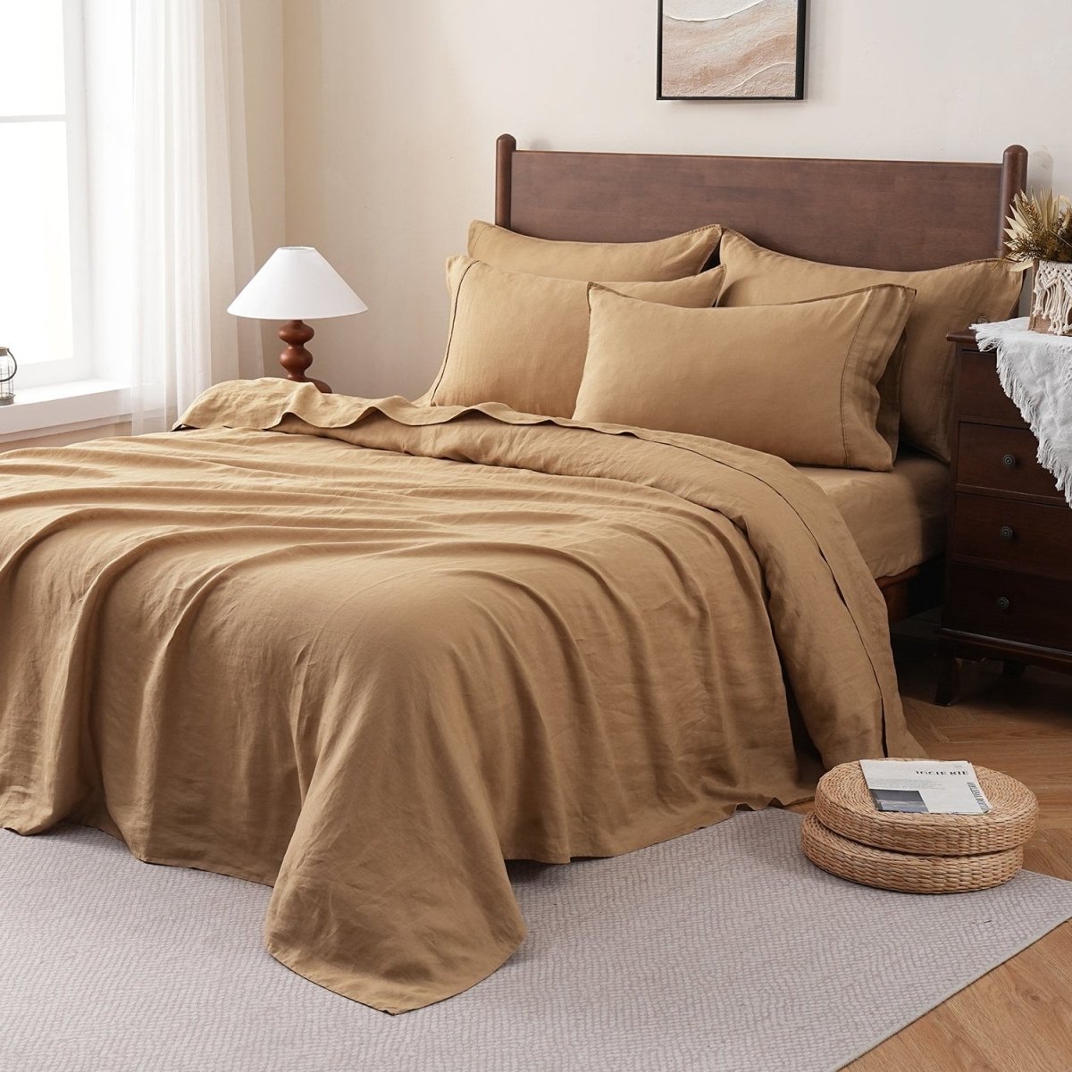 Sandy Beige 100% Organic Linen Flat Sheet - Victory Symbol