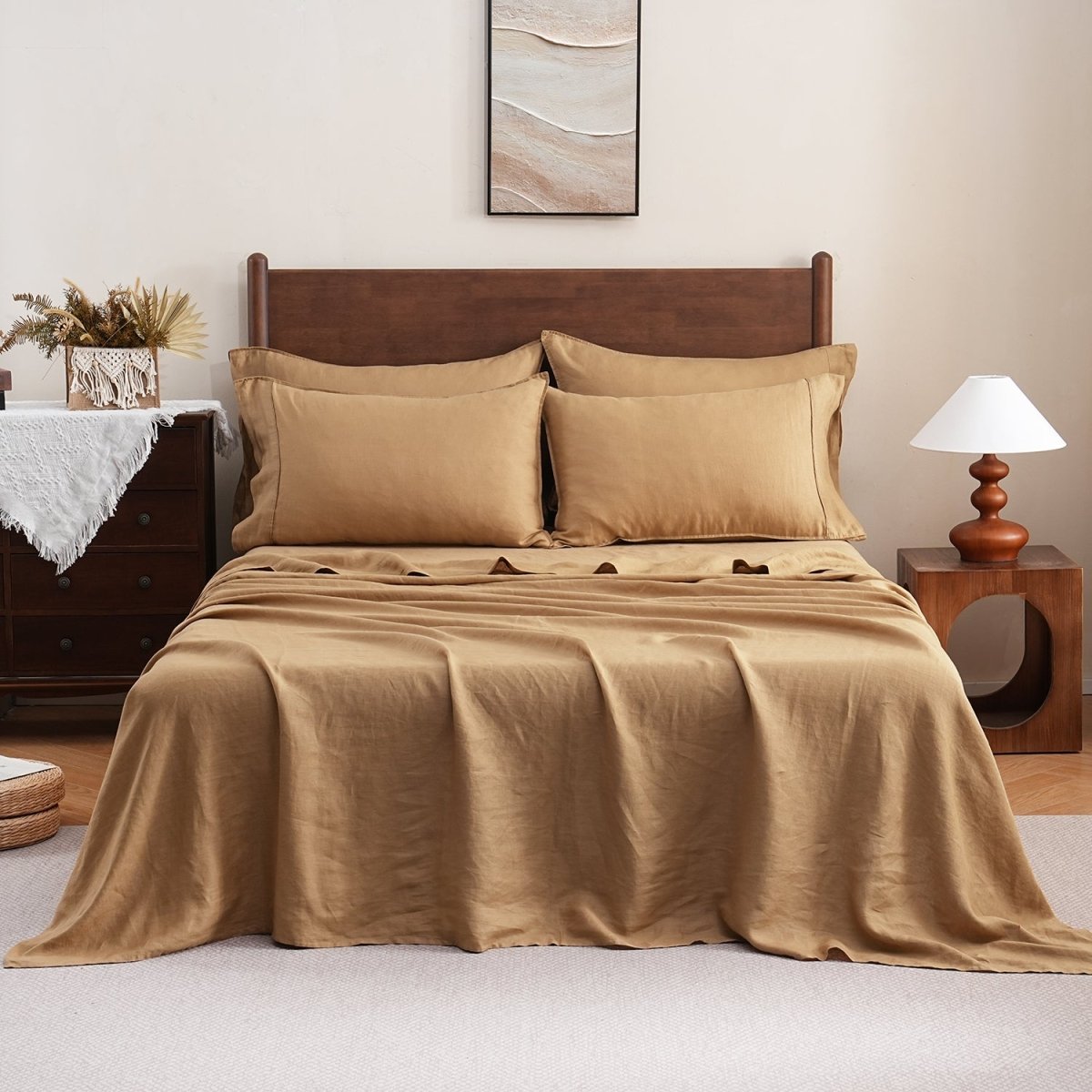 Sandy Beige 100% Organic Linen Flat Sheet - Victory Symbol