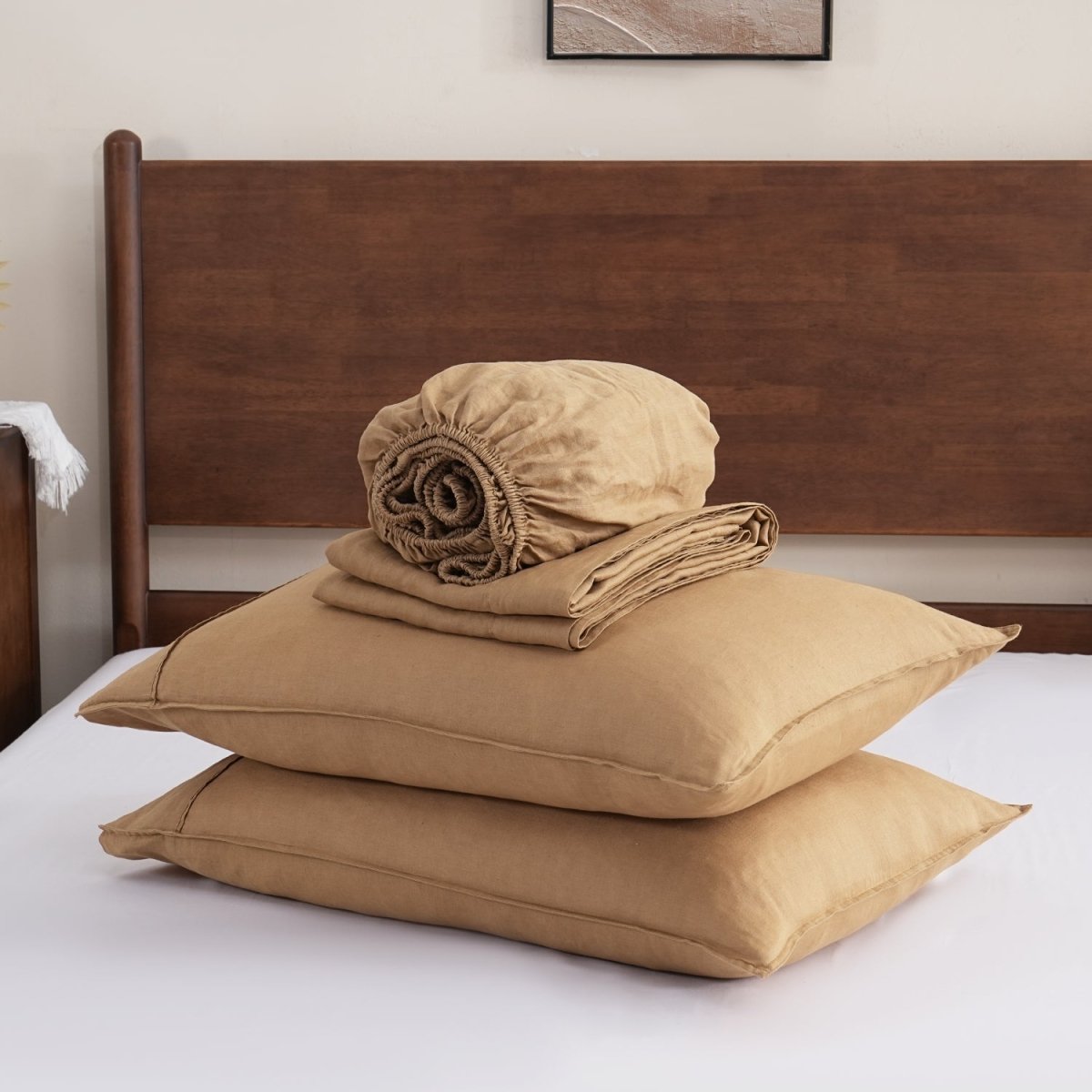 Sandy Beige 100% Organic Linen Sheets Set - Victory Symbol